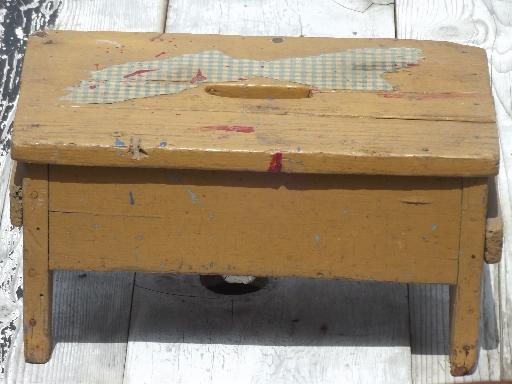 photo of primitive old barn wood stool, vintage stepstool w/ pumpkin orange paint #3