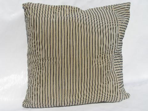 photo of primitive old blue stripe cotton ticking fabric, square shape vintage feather pillow #1