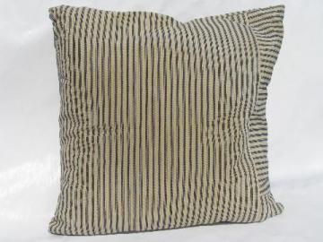 catalog photo of primitive old blue stripe cotton ticking fabric, square shape vintage feather pillow