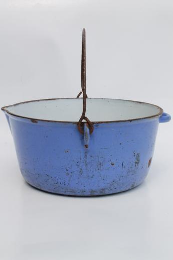 photo of primitive old blue & white enamel cast iron pot w/ wire bail handle for campfire cooking #2