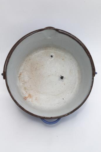 photo of primitive old blue & white enamel cast iron pot w/ wire bail handle for campfire cooking #4