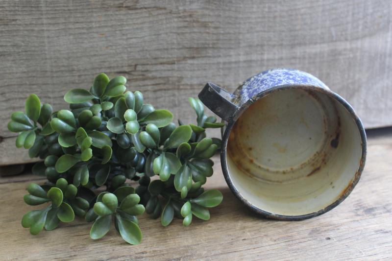 photo of primitive old blue & white spatterware enamel ware cup, farmhouse style planter pot #2