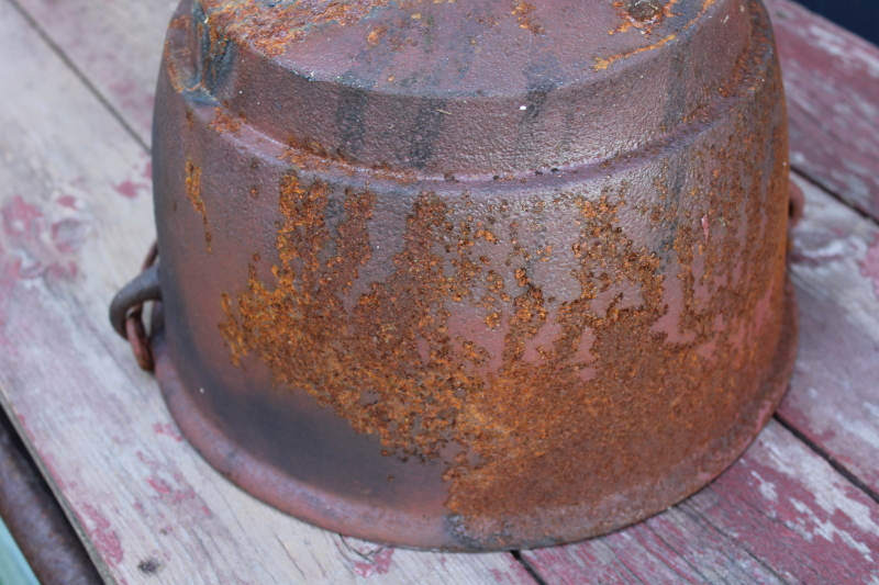 photo of primitive old cast iron pot, rounded bottom hanging kettle witch's cauldron vintage  #7