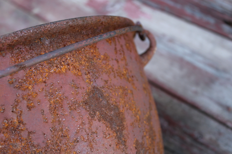 photo of primitive old cast iron pot, rounded bottom hanging kettle witch's cauldron vintage  #8