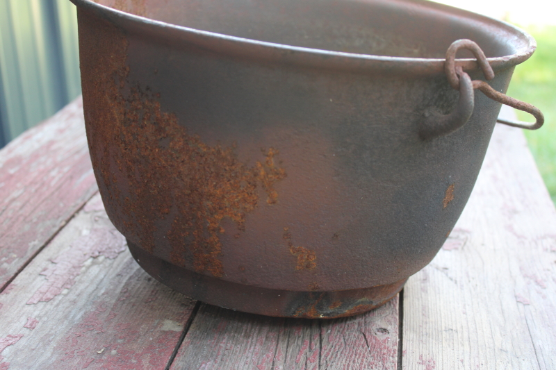 photo of primitive old cast iron pot, rounded bottom hanging kettle witch's cauldron vintage  #9