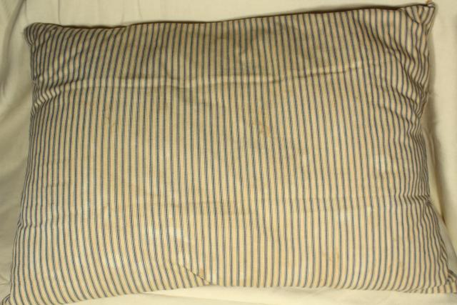 photo of primitive old chicken feather pillow in vintage indigo blue cotton ticking fabric #2