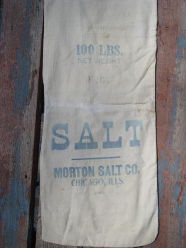 photo of primitive old cotton Morton Salt sack, farm grain feed supplement bag #1