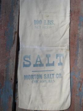 catalog photo of primitive old cotton Morton Salt sack, farm grain feed supplement bag