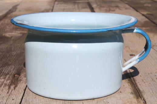 photo of primitive old enamelware baby potty lot, small chamber pot in blue & one in yellow #2