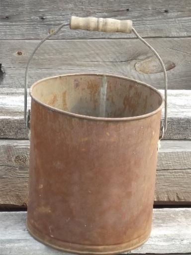 photo of primitive old farm bucket w/ wood handle, rusty steel pail for flower pot #1