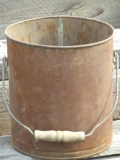 photo of primitive old farm bucket w/ wood handle, rusty steel pail for flower pot #2