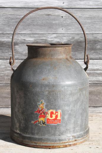 photo of primitive old farm milk bucket, vintage dairy pail milking machine kettle #3