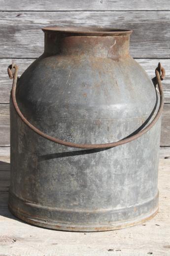 photo of primitive old farm milk bucket, vintage dairy pail milking machine kettle #5