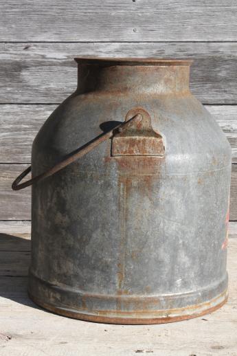 photo of primitive old farm milk bucket, vintage dairy pail milking machine kettle #6