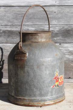 catalog photo of primitive old farm milk bucket, vintage dairy pail milking machine kettle