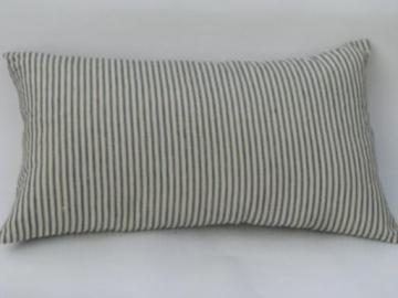 catalog photo of primitive old feather pillow, vintage blue stripe cotton ticking fabric