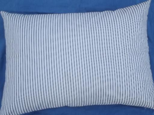 photo of primitive old feather pillow, vintage blue stripe cotton ticking fabric #1