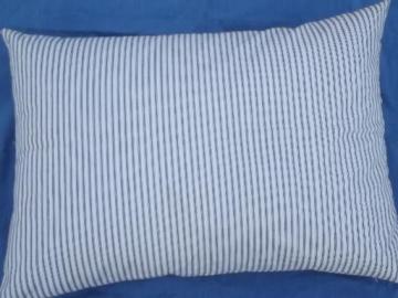 catalog photo of primitive old feather pillow, vintage blue stripe cotton ticking fabric