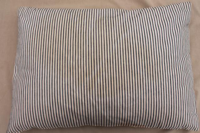 photo of primitive old feather pillow w/ vintage blue stripe cotton ticking fabric #3