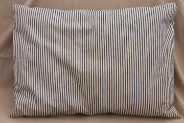 catalog photo of primitive old feather pillow w/ vintage blue stripe cotton ticking fabric