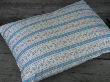 catalog photo of primitive old feather pillow, vintage flowered stripe cotton ticking fabric