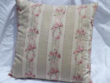 catalog photo of primitive old feather pillow, vintage flowered stripe cotton ticking fabric