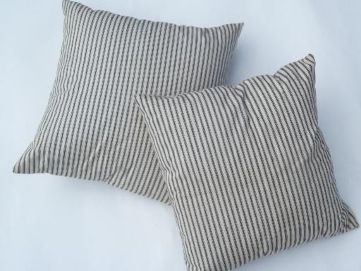 photo of primitive old feather pillows, square shape, indigo blue stripe cotton #1