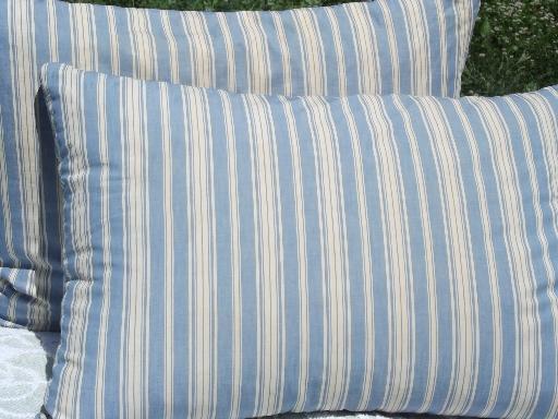 photo of primitive old feather pillows, vintage blue stripe cotton ticking fabric #1