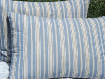 catalog photo of primitive old feather pillows, vintage blue stripe cotton ticking fabric