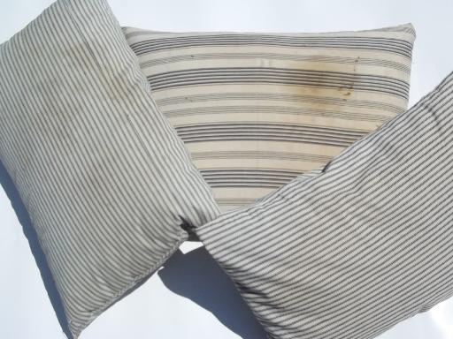 photo of primitive old feather pillows, vintage blue stripe cotton ticking fabric #1