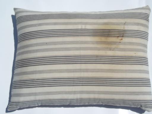 photo of primitive old feather pillows, vintage blue stripe cotton ticking fabric #2