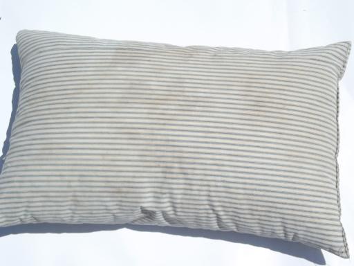 photo of primitive old feather pillows, vintage blue stripe cotton ticking fabric #4