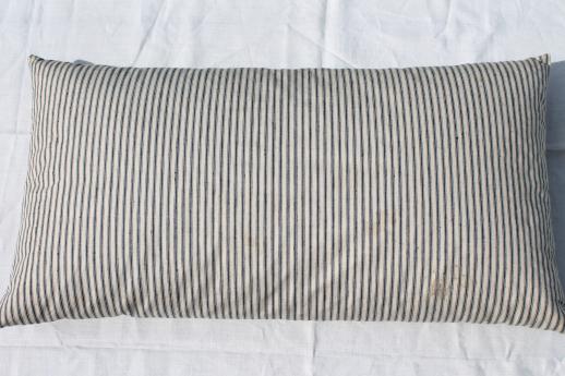 photo of primitive old feather pillows, vintage blue stripe cotton ticking fabric #4