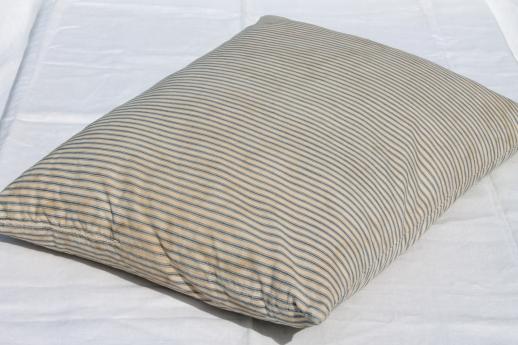 photo of primitive old feather pillows, vintage blue stripe cotton ticking fabric #6