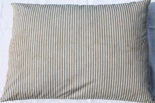 photo of primitive old feather pillows, vintage blue stripe cotton ticking fabric #7