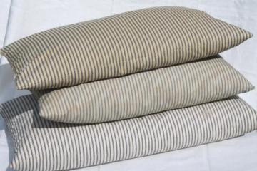 catalog photo of primitive old feather pillows, vintage blue stripe cotton ticking fabric