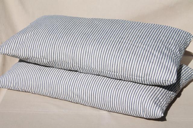 photo of primitive old feather pillows, vintage blue stripe cotton ticking fabric #1