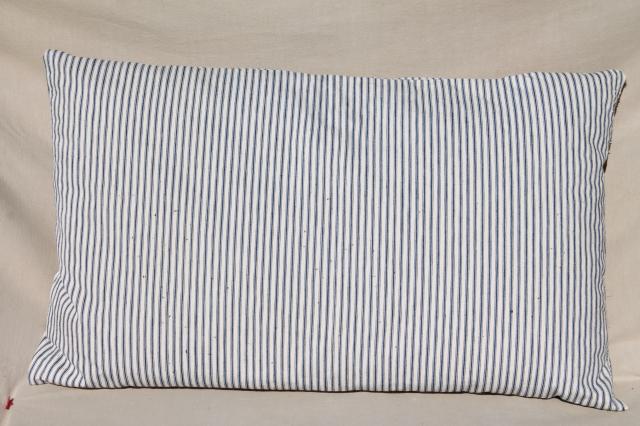 photo of primitive old feather pillows, vintage blue stripe cotton ticking fabric #2