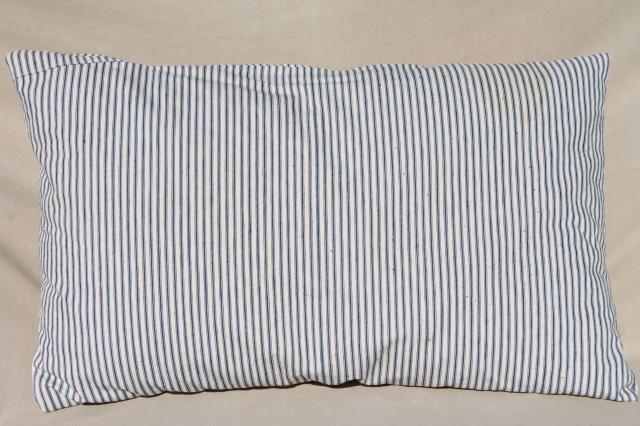 photo of primitive old feather pillows, vintage blue stripe cotton ticking fabric #4