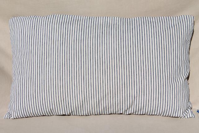 photo of primitive old feather pillows, vintage blue stripe cotton ticking fabric #5