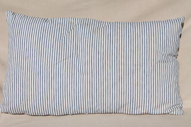 photo of primitive old feather pillows, vintage blue stripe cotton ticking fabric #7