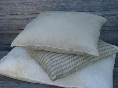 photo of primitive old feather pillows, vintage blue stripe & feed sack fabric #1