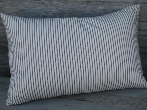 photo of primitive old feather pillows, vintage blue stripe heavy cotton ticking fabric #2