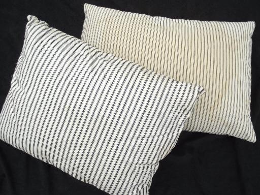 photo of primitive old feather pillows, vintage blue stripe heavy cotton ticking fabric #1