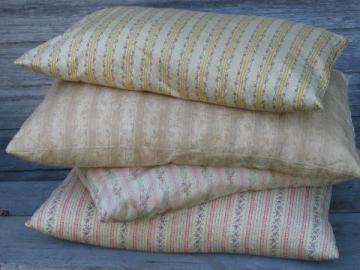 catalog photo of primitive old feather pillows, vintage flowered stripe cotton ticking fabric