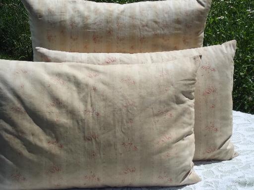 photo of primitive old feather pillows, vintage flowered stripe cotton ticking fabric #1