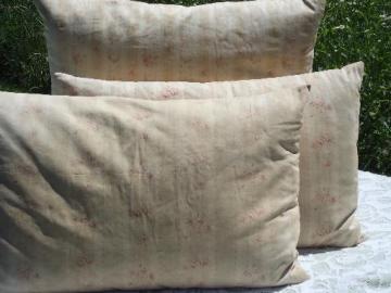 catalog photo of primitive old feather pillows, vintage flowered stripe cotton ticking fabric