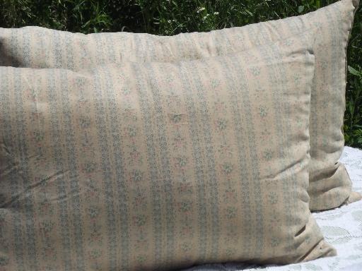 photo of primitive old feather pillows, vintage flowered stripe cotton ticking fabric #1