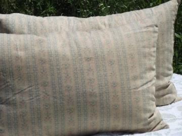 catalog photo of primitive old feather pillows, vintage flowered stripe cotton ticking fabric