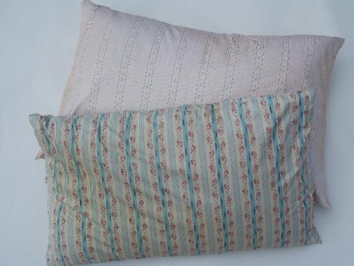 photo of primitive old feather pillows, vintage flowered stripe cotton ticking fabric #1